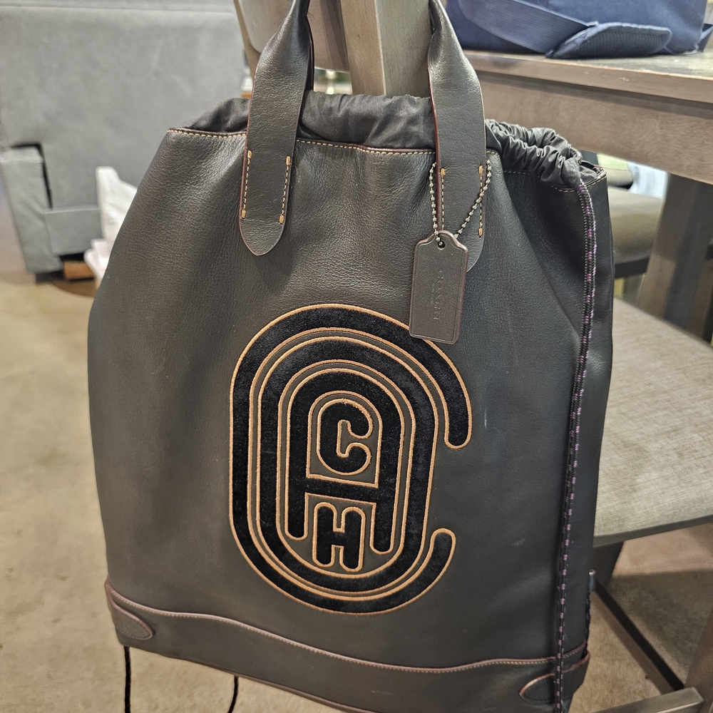 Coach Black and Brown Leather Drawstring Backpack
